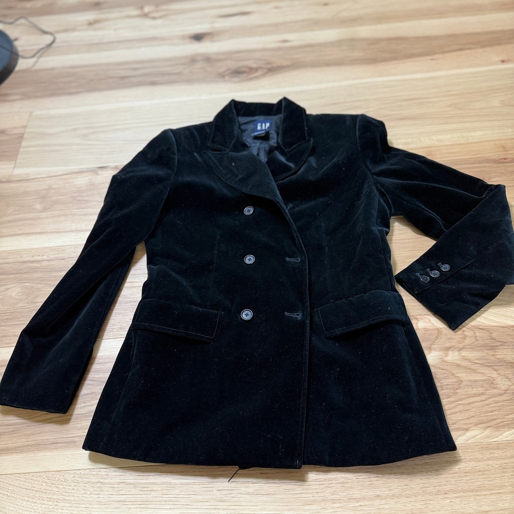 Gap Black Velvet Blazer Women Size 2 Double Breasted Tailored Jacket Preppy